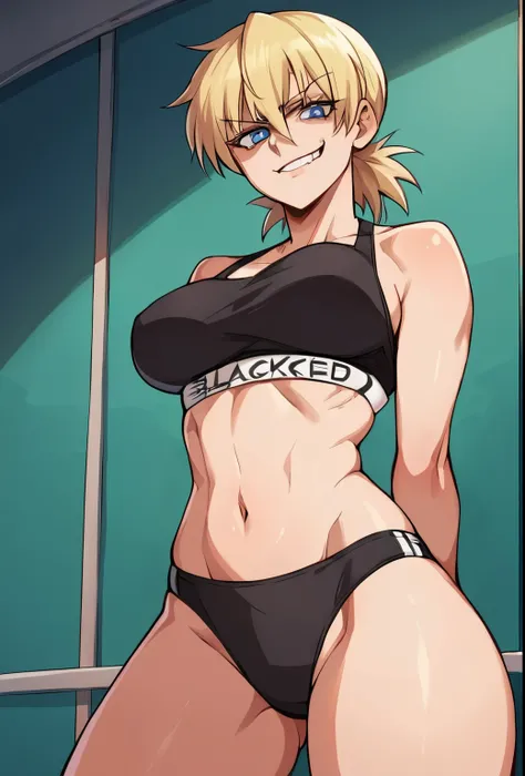 score_9, score_8_up, score_7_up, source_anime, solo, 1girl, seras victoria,  hellsing, smug, sinister smug expression, evil, looking at viewer, arms behind back, blonde hair, blacked, blacked underwear, BBC,  blue eyes