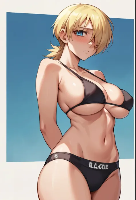 score_9, score_8_up, score_7_up, source_anime, solo, 1girl, seras victoria, hellsing, blush, shy, looking at viewer, arms behind back, blonde hair, hair over one eye, blue eyes, BBC, blacked underwear,  blacked, sexy, humongous breasts, large breasts, boob...