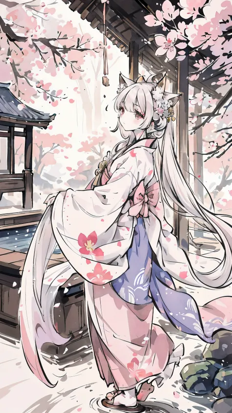 fox ears, fox tail, fluffy tail, ((4k,masterpiece,highest quality)), shuimobisim, traditional chinese ink painting, lotus, hanfu...