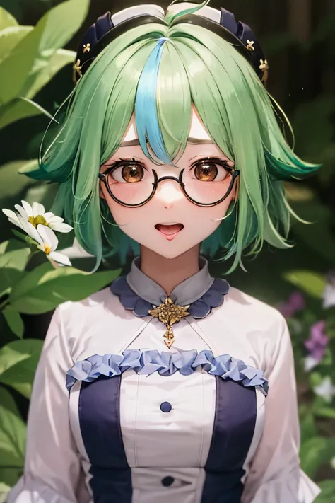 top-quality、ultra-detailliert、girl1、masterpiece、illustration of a girl's face　green  hair、short-hair、glasses, perm hair、dishevle...