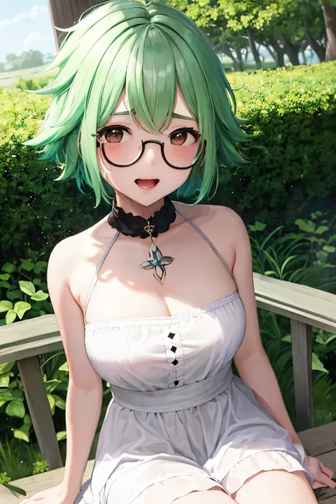 top-quality、ultra-detailliert、girl1、masterpiece、illustration of a girl's face　green  hair、short-hair、glasses, perm hair、dishevle...