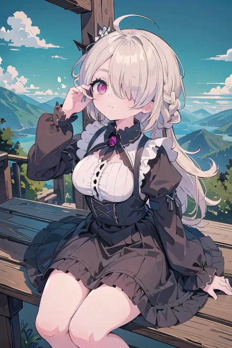 masterpiece, mountainous horizon,gothic maid, nsfw,　, 1 girl, blonde, Ruby Eye, ((((((hair over one eye,)))))), Braidスタイル, spike hair, dull bangs, bob hair, Braid, Ahoge, cute eyes　looking at the viewer　From the side, ((from front)), big breasts, ((looking...