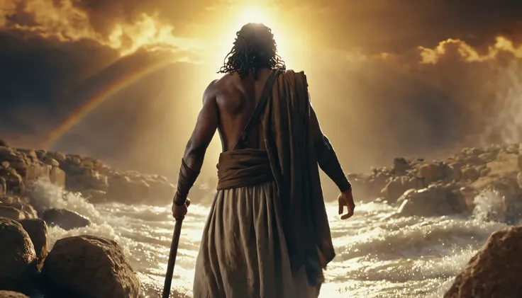 Moses called Joshua Yehoshua, which means “Jehovah is salvation”; 1080p resolution, 32K, cinematic shot, Biblical time, Tempos antigos, realismo, fantasia, epic, with strong epic light reflection, epic image background.