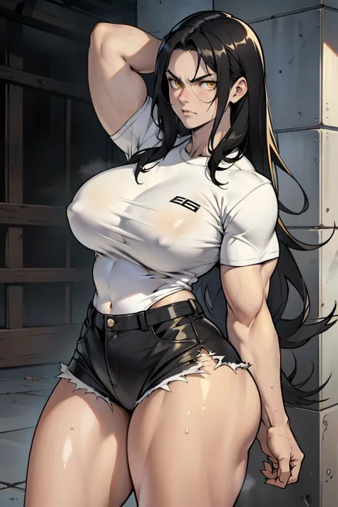 black hair, yellow eyes, solo, sweaty, shiny skin, angry, pale skin, (((muscular, 1girl))), thick thighs, huge breasts, wide hips, thin waist, casual clothes, very long hair