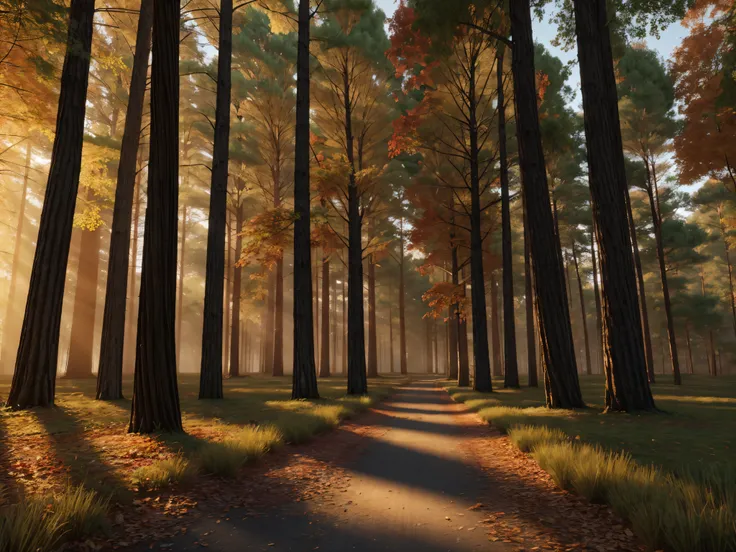 A stunningly realistic 8K 3D render of an autumn scots Pine forest, with ultra-sharp details and a cinematic feel. The sun filters through the canopy, casting a warm golden light on the carpet of vibrant orange and red ferns below. The massive Redwood tree...