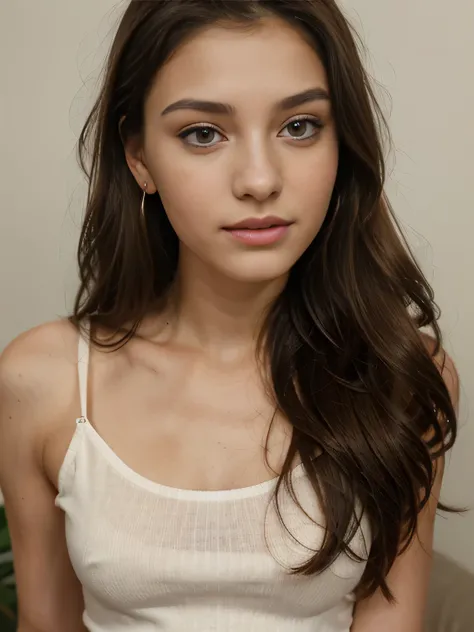 Photo of a 20 year old brunette woman, that has a very natural face, small , thin lips, thin eyes, thin eyebrows, thin nose, earrings, long eyelashes wearing a short skirt full body