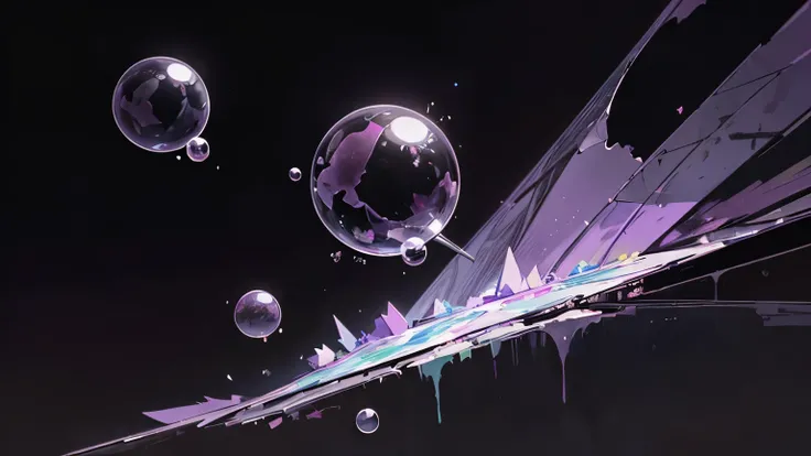 ((Masterpiece)), (Anime:1.3), ((best quality)), (abstract art:1.5), (High Definition), (pale purple), wide shot, (Big soap bubbles), ((broken windowpane)), (simple dark background:1.6), landscape, (Beautiful),