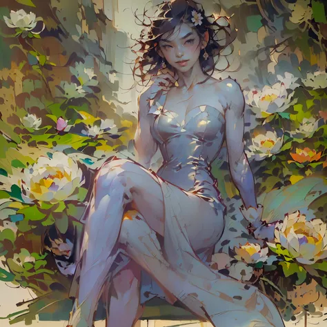 ((Masterpiece, Best quality: 1.2), (Create MAxZenArt!))_((Top quality, oil painting, virtuoso execution, wonderful masters))_((Final fantasy (Yuna),(young girl - 16 years old, nude, full growth, naked body, dark hair, light skin, scarlet lips, smile; black...