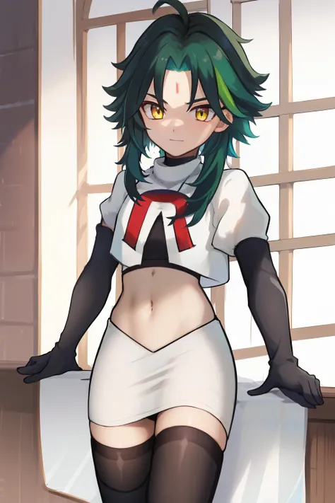 absurdres,xiao, 1boy, male focus, trap,green haired boy, yellow eyes, dead eyes, small gem on forehead,crossdressing,1boy,team rocket,team rocket uniform,white skirt,red letter R,crop top,black thigh-highs,black elbow gloves
