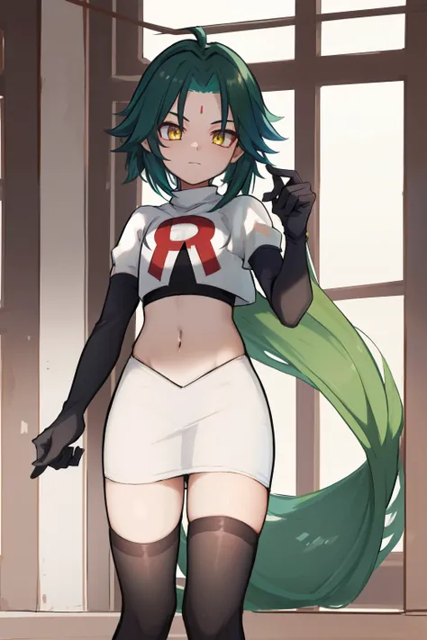 absurdres,xiao, 1boy, male focus, trap,green haired boy, yellow eyes, dead eyes, small gem on forehead,crossdressing,1boy,team rocket,team rocket uniform,white skirt,red letter R,crop top,black thigh-highs,black elbow gloves