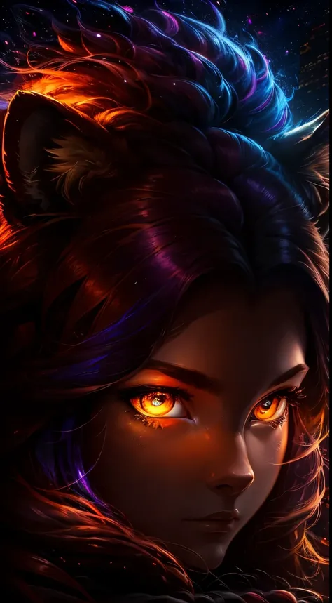 (master part, alta qualidade, Altas,illustration), 1girl, multicolored hair galaxy in New York playing with a lion at night with orange mist, CyberCity, Highly detailed lion face,