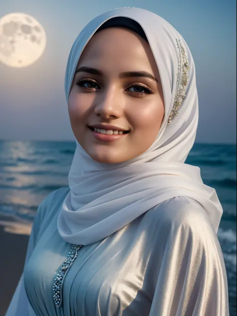 high quality, 8K Ultra HD,a young beautiful lady with a long islamic dress, pale skin , warm smile, beatuiful face ,wearing hijab , moonlight coast should serve as the underlying backdrop, with its details incorporated into the goddess , crisp lines, The b...