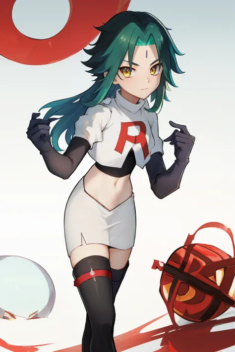 absurdres,xiao, 1boy, male focus, trap,green haired boy, yellow eyes, dead eyes, small gem on forehead,crossdressing,1boy,team rocket,team rocket uniform,white skirt,red letter R,crop top,black thigh-highs,black elbow gloves