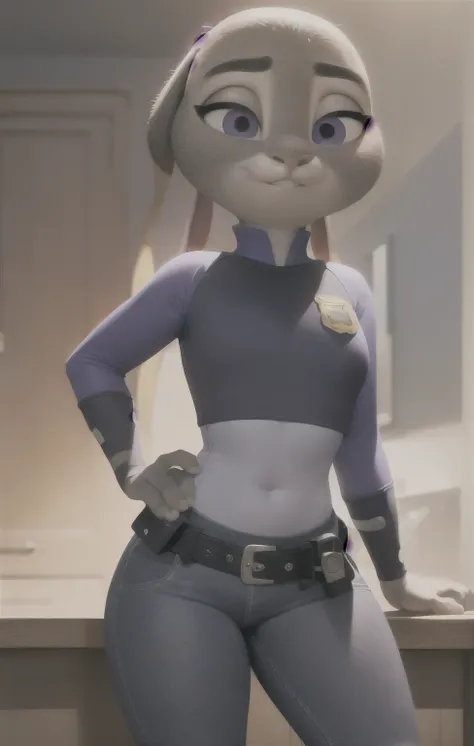 orejas hacia abajo, (Mejor calidad, Obra maestra:1), peluda hembra antro judyhopps, retrato, uniforme de policia, uniforme completo, cola de conejo, police belt, police badge, pantalones azules, sonrisa, ojos morados, pelaje del cuerpo, ojos medio cerrados...