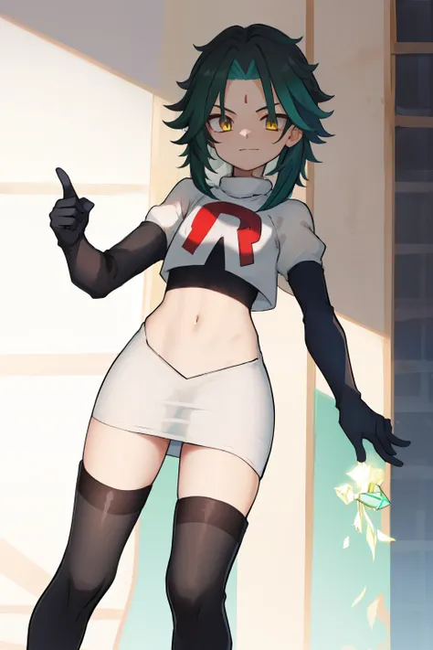 absurdres,xiao, 1boy, male focus, trap,green haired boy, yellow eyes, dead eyes, small gem on forehead,crossdressing,1boy,team rocket,team rocket uniform,white skirt,red letter R,crop top,black thigh-highs,black elbow gloves