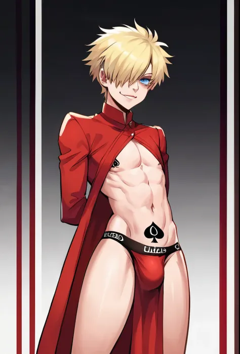 score_9, score_8_up, score_7_up, source_anime, solo, seras victoria, hellsing, smug sinister expression, 
Sinister, evil, looking at viewer, arms behind back, blonde hair, hair over one eye, blue eyes, Chines edress,  red gown,, sexy, flat chest, femboy, m...