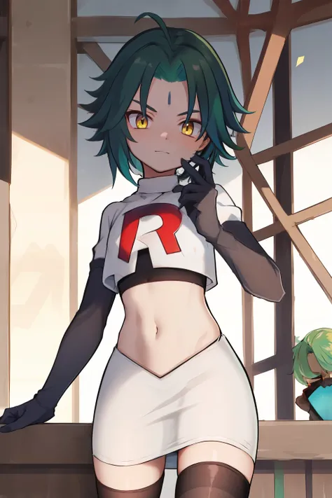 absurdres,xiao, 1boy, male focus, trap,green haired boy, yellow eyes, dead eyes, small gem on forehead,crossdressing,1boy,team rocket,team rocket uniform,white skirt,red letter R,crop top,black thigh-highs,black elbow gloves