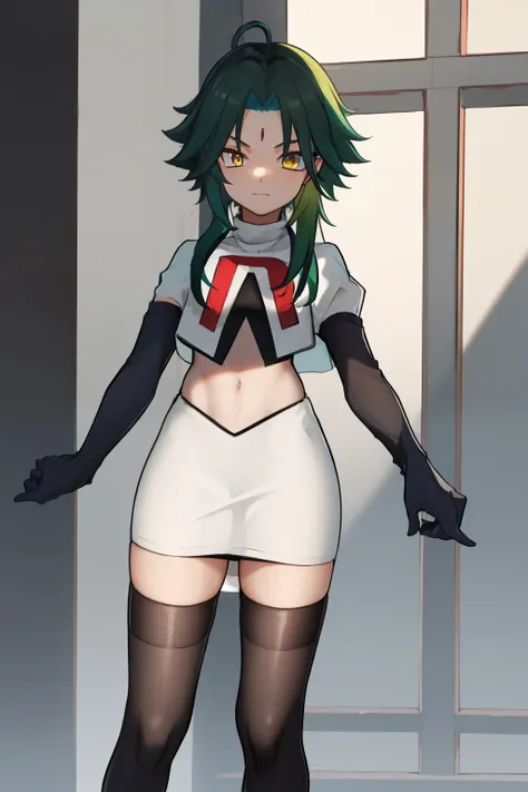 absurdres,xiao, 1boy, male focus, trap,green haired boy, yellow eyes, dead eyes, small gem on forehead,crossdressing,1boy,team rocket,team rocket uniform,white skirt,red letter R,crop top,black thigh-highs,black elbow gloves