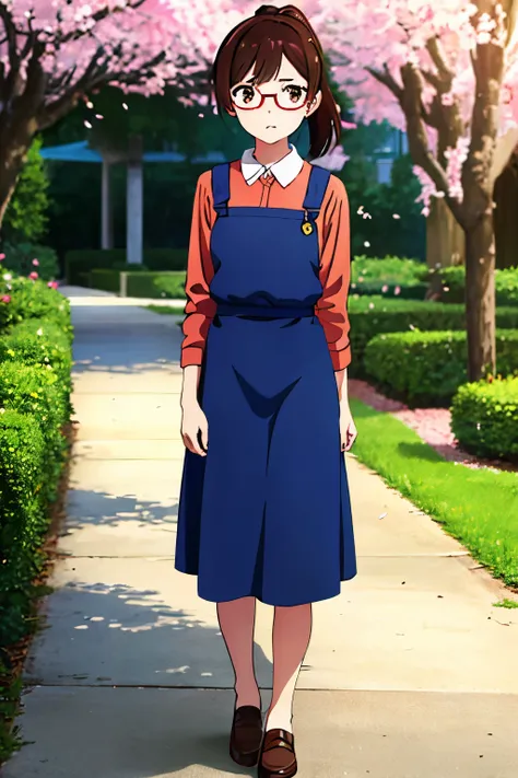 young girl wearing an overall dress in front of a tree lined walkway, solo, anime screencap, mizuhara chizuru, 1girl,  (11 years old girl), brown eyes, brown hair, ponytail, glasses, red shirt, blue denim pinafore overall skirt, arms behind back, character...