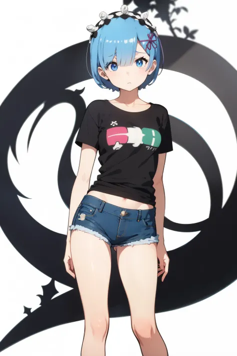 Rem from Re:zero, black short sleeve t-shirt and denim shorts, half body, standing straight, serious look, white background, resting position, expression would be, from the waist up