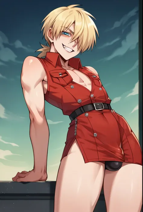 score_9, score_8_up, score_7_up, source_anime, solo, seras victoria, hellsing, smug sinister expression, 
Sinister, evil, looking at viewer, arms behind back, blonde hair, hair over one eye, blue eyes, Chines edress,  red gown,, sexy, flat chest, femboy, m...