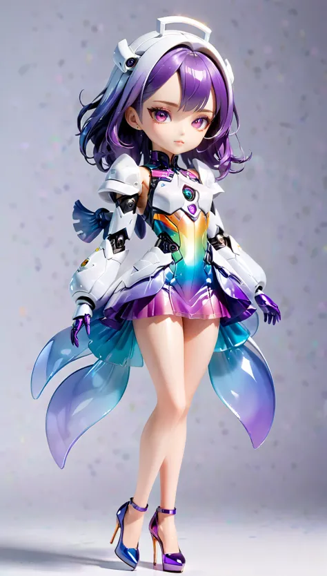 (blind box spielzeug stil:1.2),full body, solo,white background,(a female robot in a transparent white and purple gradients iris...