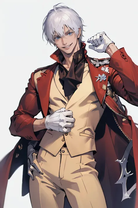 (masterpiece, best quality:1.2), cowboy shot, solo, male focus, 1boy, dante, smile, looking at viewer, white hair, male suit, white gloves, prince, 