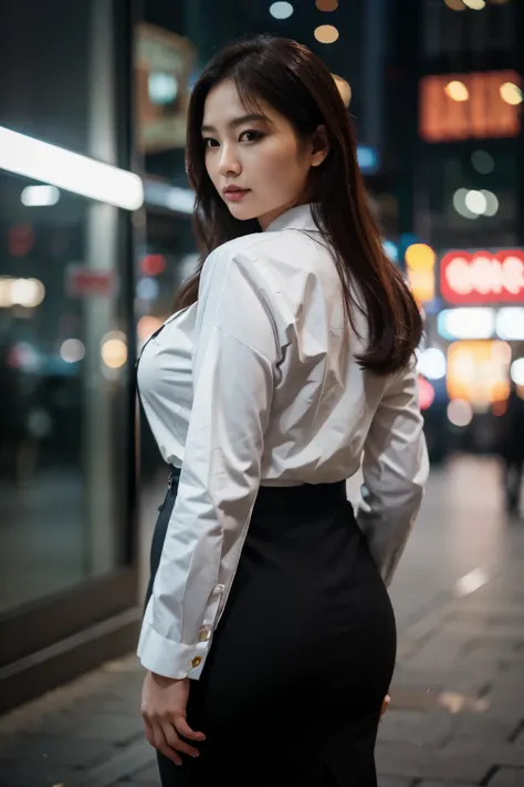 korean, MILF, curvy, business outfit, city, shallow depth of field, 4k, ultra high resolution, detailliert