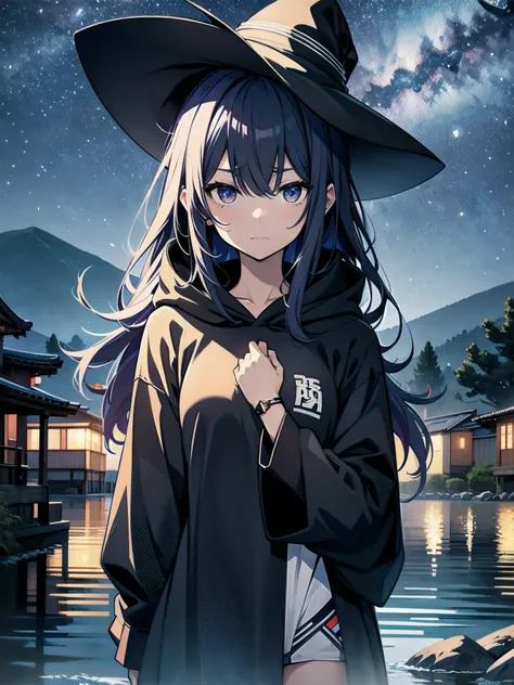 japanese illustration、A girl lost in thought in an open-air bath at Lake Suwa、Woman wearing a large pointed black witch hat with small sapphire accessories、black open front hoodie、Woman wearing a white T-shirt、The night view is beautiful、An expression that...