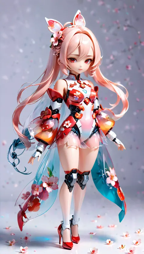 (Blind Box Spielzeug Stil:1.2),full body, solo,white background,(A female robot in a transparent White and red gradients Peach Blossom dress, wearing gloves and high heels),(Chinese color,Very colorful), 3D