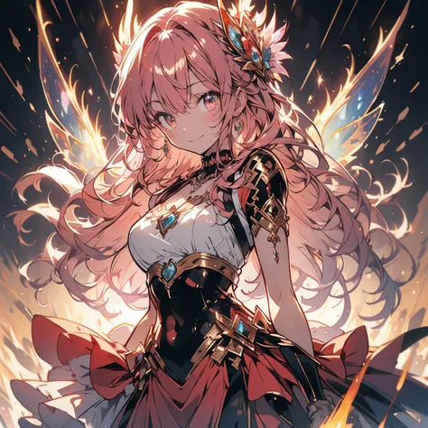  (masterpiece, very detailed, exquisite, beautiful, Full HD, High resolution, confused), (1 person),fairy woman, fire dress base,((fire motif dress)), Giant fairy wings,((smile,Excited, grin and laugh)), dynamic angle,floating, With her left hand on her hi...