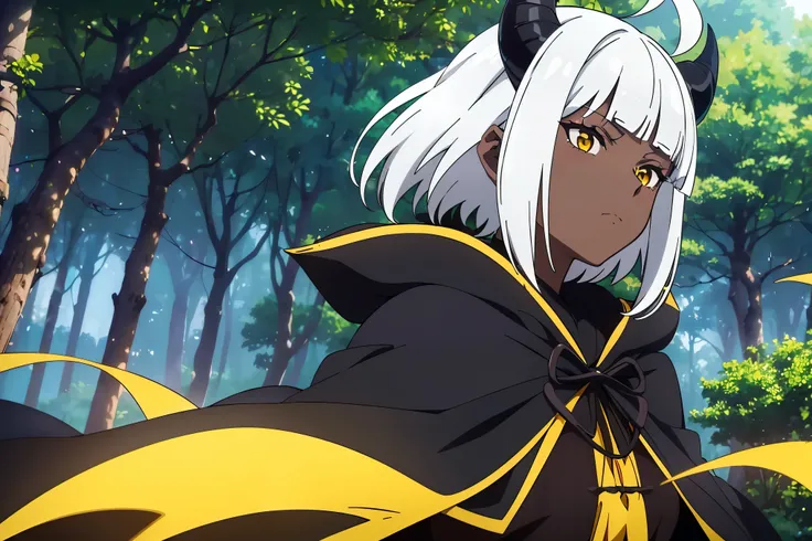 Cimematic vision, nigth, ((1girl)), (lolita), ((((Dark skin)))), ((((short white hair)))), (horns), (((blunt bangs))), yellow eyes, ((cabelo emaranhado)), ((((no expression)))), Sonolenta, ((ahoge)), ((((black cloak)))), desleixada, ((melhor qualidade)), (...