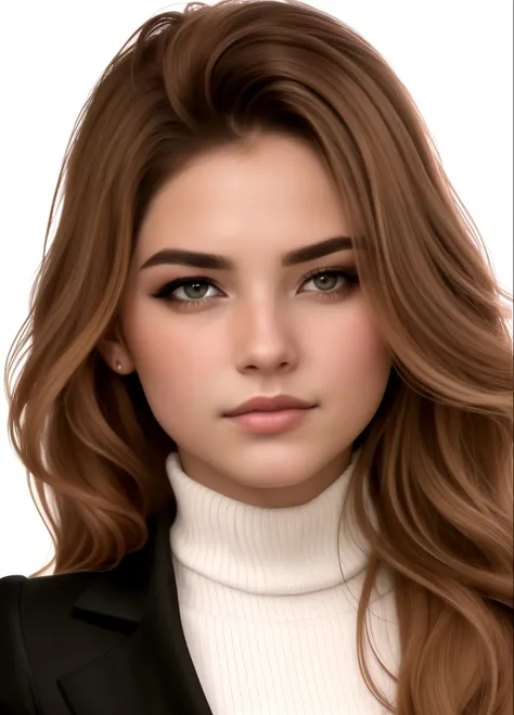 A closeup of a woman with long hair wearing a turtle neck, detailed Realista face, Realista rosto detalhado, avatar da segunda vida, highly detailed Realista face, retrato estilizado h 640, detailed and Realista face, Realista and rosto detalhado, real ros...