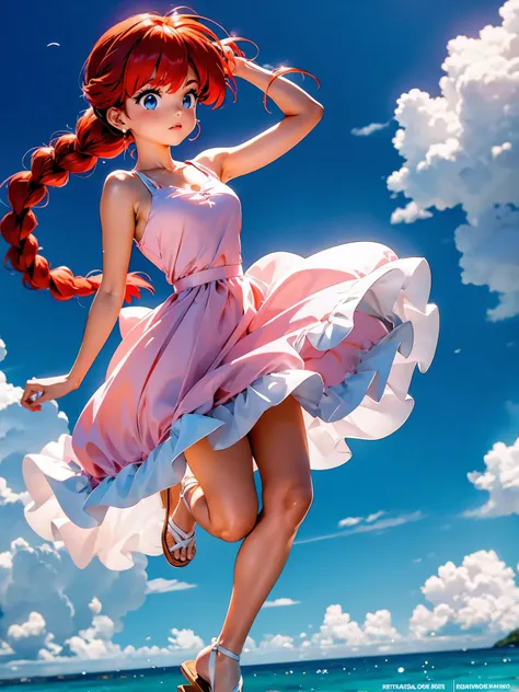 Garota anime ruiva com vestido longo branco com desenho de rosas casamento, saia, 16 anos, corpo bonito, seios grandes, with hands behind head, running your hands through your hair, Garota sexy, red hair with braid , beautiful lighting, sombras suaves, olh...