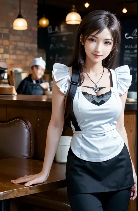 (highest quality, table top: 1.1), (realistic: 1.3), break (((FF7,Tifa_lock heart,alone)))(sculpture pose:1.2,Idol),super detailed face, fine eyes,red eyes, break (((gal make))),(black brown hair, big breasts: 1.0), break ,(Location: a cozy coffee shop wit...