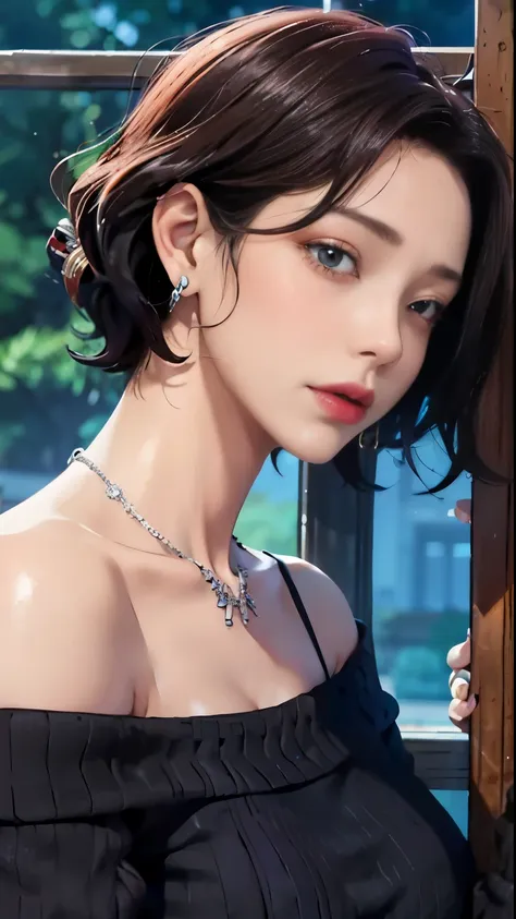 (highest quality),(1 Lady, alone, Upper body) Short Hair Blue Dark Hair Color, Off-shoulder long sweater、Clear double eyelids、Shoulder-length hair and compensate: nature, glowing skin, very big breasts, open your eyeature woman、(Sweat,vapor,Lower school ye...