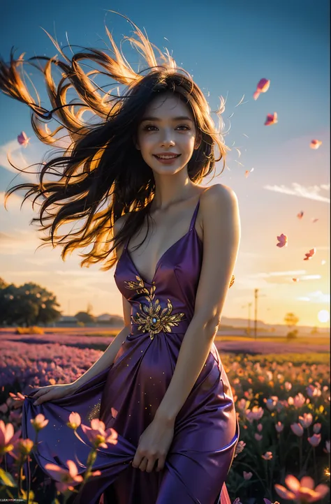 award winning digital art, half body portrait of a beautiful woman in a silk Tang dress with gold embroidery, colorful hairstyle with head in motion and long hair flying, big smile, Happy, sexy,  in a flower field, golden sunset, particles dust, glitter, p...