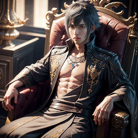 final fantasy noctis wearing a crown and diadem wearing an embroidered robe sits on a throne, highly detailed 3d art