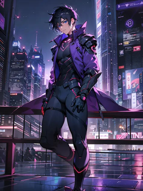 1male, Young Adult, Blue Eyes, Black Hair with Purple Highlights, Short Hair, Purple Body Suit, Baggy Black Pants, Masculine, Beautiful Lighting, Night City