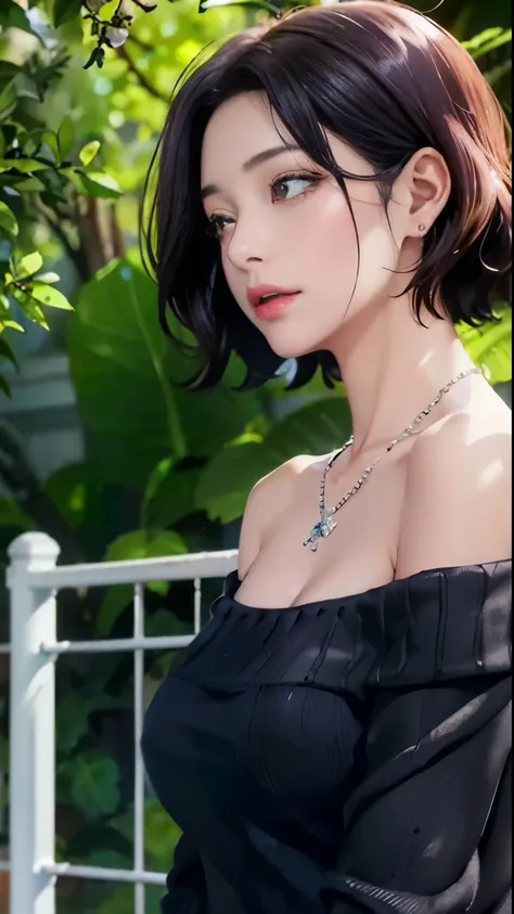 (highest quality),(1 Lady, alone, Upper body) Short Hair Blue Dark Hair Color, Off-shoulder long sweater、Clear double eyelids、Shoulder-length hair and compensate: nature, glowing skin, very big breasts, open your eyeature woman、(Sweat,vapor,Lower school ye...