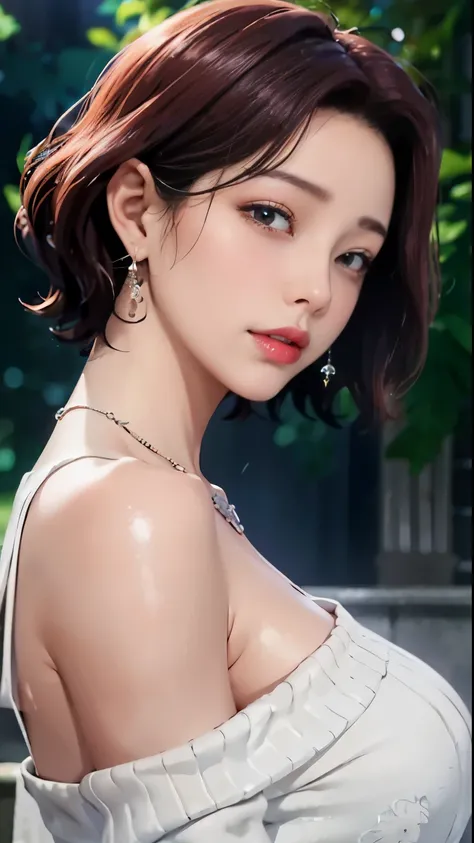 (highest quality),(1 Lady, alone, Upper body) Short Hair Blue Dark Hair Color, Off-shoulder long sweater、Clear double eyelids、Shoulder-length hair and compensate: nature, glowing skin, very big breasts, open your eyeature woman、(Sweat,vapor,Lower school ye...