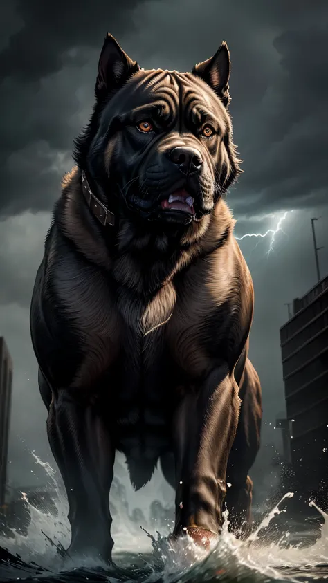 A fiercely snarling Cane Corso, its fur bristling with aggression, lightning crackling in the stormy background. This striking image captures the raw power and intensity of the canine in a photograph. The pitbulls fiery gaze and bared teeth convey a sense ...