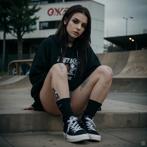 Albanian, girl, brown hair, blue eyes, 1. Emo girl, Skatepark, Pose, Urban, Alternative fashion, Piercings, Tattoos, Dark makeup, Moody, Converse