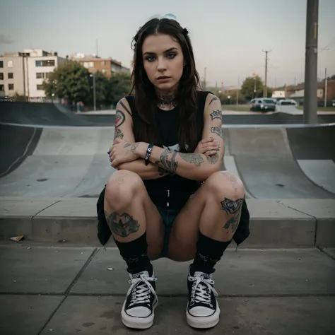 Albanian, girl, brown hair, blue eyes, 1. Emo girl, Skatepark, Pose, Urban, Alternative fashion, Piercings, Tattoos, Dark makeup, Moody, Converse