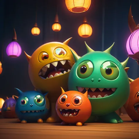 Generate a high-quality 3D image of cute monsters using advanced rendering and modeling techniques. Use the following software for creation: 3DS Max, SketchUp, SolidWorks, AutoCAD, Blender, Vectary, MeshMixer, and Unreal Engine 5. Apply photon mapping, rad...