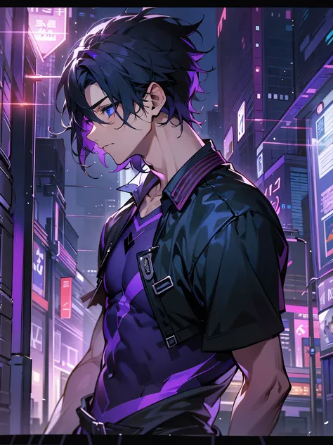 1male, Young Adult, Blue Eyes, Black Hair with Purple Highlights, Short Hair, Purple Body Suit, Baggy Black Pants, Masculine, Beautiful Lighting, Night City