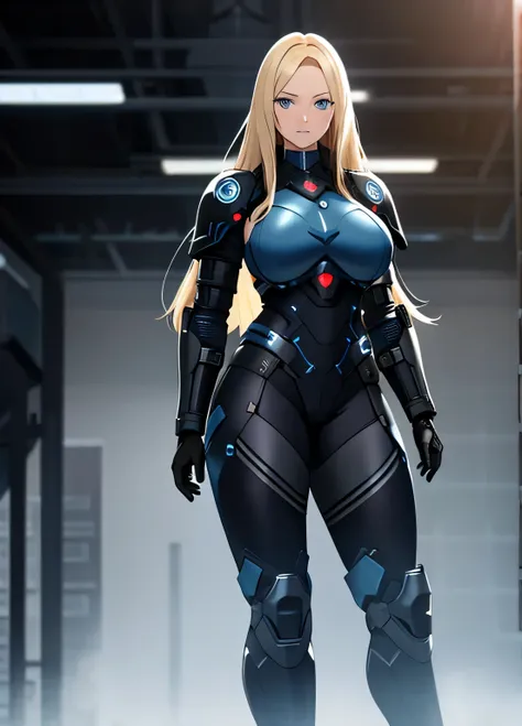 black sci-fi armor, blonde hair,  blue eyes, gigantic breasts, black pistol, solo, standing, ultra-detailed(best quality,highres:1.2), ultra-detailed eyes