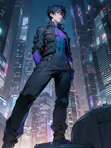 1male, Young Adult, Blue Eyes, Black Hair with Purple Highlights, Short Hair, Purple Body Suit, Baggy Black Pants, Masculine, Beautiful Lighting, Night City