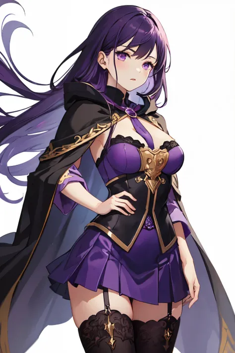 ((best quality)), ((artwork)), (detailed), (mage, long purple hair, purple eyes, black and purple cloak, neckline, skirt, thigh high stockings)