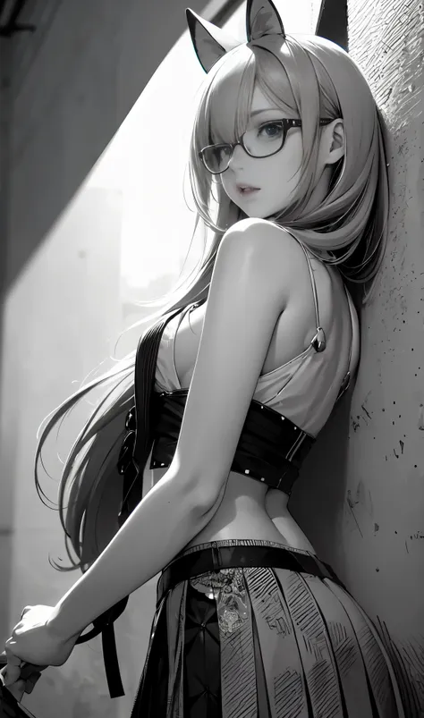 fox mask、messy hair、blunt bang cut、pleated skirt、grayscale、one piece、messy hair、Sloppy、cross-eyed、drunk、turned around、( stupid / sexual ecstasy)、turned around、glasses、highest quality, realistic, Super delicate illustration, beautiful and charming anime gir...